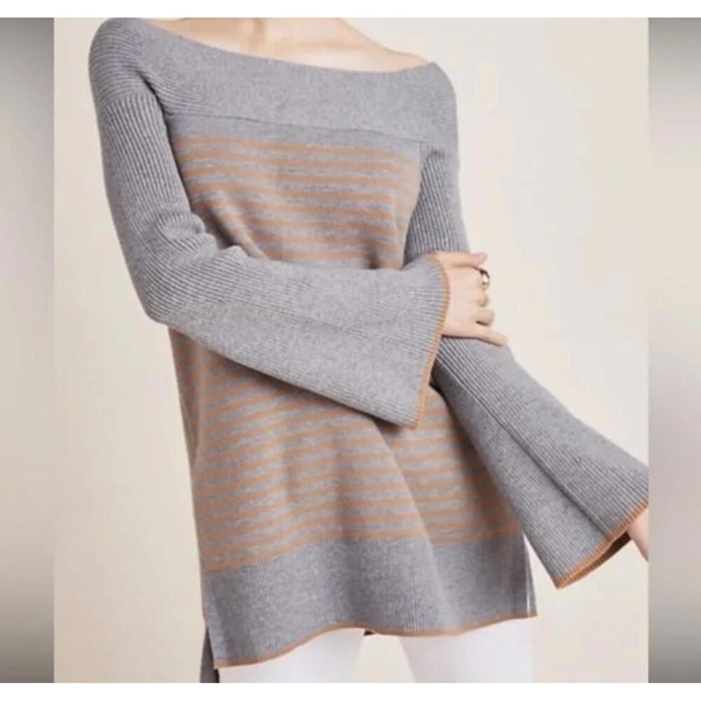 Anthropologie Striped Elise Ribbed Off Shoulder Sweater in gray and orange sz XS